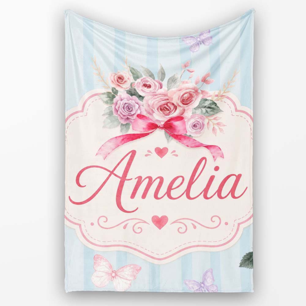 Cute Watercolor Roses Bouquet with Red Ribbon Soft Blue Stripe  Personalised Custom Name Super Soft Fleece Blanket Bed Sofa Throw