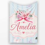 Cute Watercolor Roses Bouquet with Red Ribbon Soft Blue Stripe  Personalised Custom Name Super Soft Fleece Blanket Bed Sofa Throw