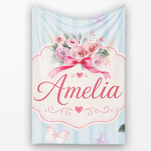 Cute Watercolor Roses Bouquet with Red Ribbon Soft Blue Stripe  Personalised Custom Name Super Soft Fleece Blanket Bed Sofa Throw