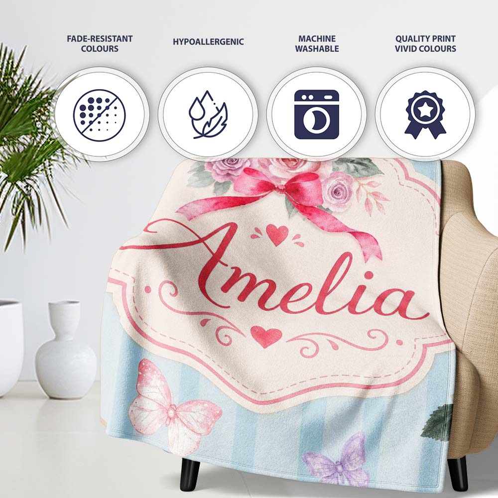 Cute Watercolor Roses Bouquet with Red Ribbon Soft Blue Stripe  Personalised Custom Name Super Soft Fleece Blanket Bed Sofa Throw
