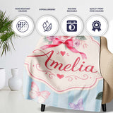 Cute Watercolor Roses Bouquet with Red Ribbon Soft Blue Stripe  Personalised Custom Name Super Soft Fleece Blanket Bed Sofa Throw