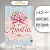 Cute Watercolor Roses Bouquet with Red Ribbon Soft Blue Stripe  Personalised Custom Name Super Soft Fleece Blanket Bed Sofa Throw