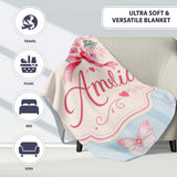 Cute Watercolor Roses Bouquet with Red Ribbon Soft Blue Stripe  Personalised Custom Name Super Soft Fleece Blanket Bed Sofa Throw