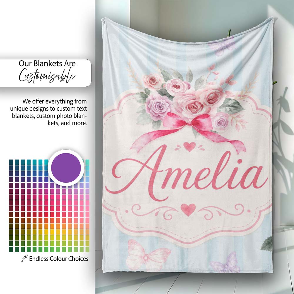 Cute Watercolor Roses Bouquet with Red Ribbon Soft Blue Stripe  Personalised Custom Name Super Soft Fleece Blanket Bed Sofa Throw