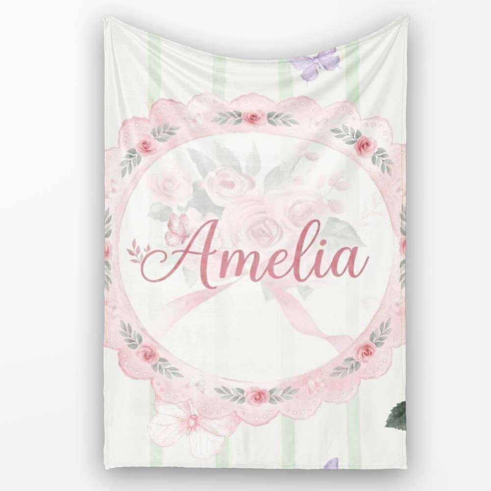 Cute Watercolor Roses Bouquet with Red Ribbon Sage Green Stripe  Personalised Custom Name Super Soft Fleece Blanket Bed Sofa Throw