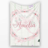 Cute Watercolor Roses Bouquet with Red Ribbon Sage Green Stripe  Personalised Custom Name Super Soft Fleece Blanket Bed Sofa Throw