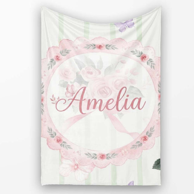 Cute Watercolor Roses Bouquet with Red Ribbon Sage Green Stripe  Personalised Custom Name Super Soft Fleece Blanket Bed Sofa Throw