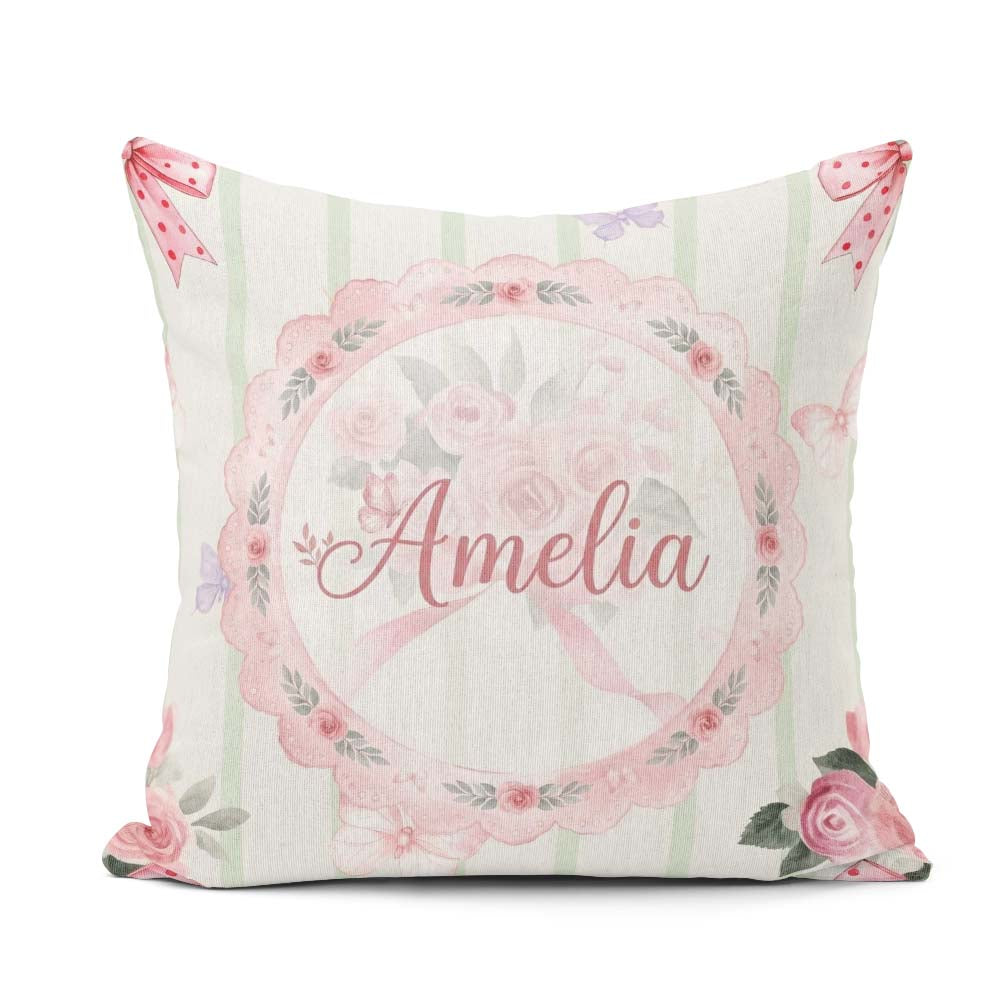 Custom Name Cute Roses Bouquet with Red Ribbon Sage Green Stripe Square Filled Cushion Throw Pillow Sofa Bed Home Decor Zip Washable UK Made