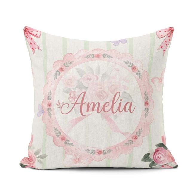 Custom Name Cute Roses Bouquet with Red Ribbon Sage Green Stripe Square Filled Cushion Throw Pillow Sofa Bed Home Decor Zip Washable UK Made