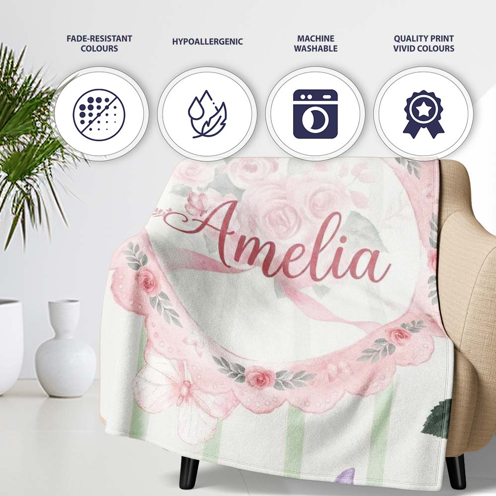 Cute Watercolor Roses Bouquet with Red Ribbon Sage Green Stripe  Personalised Custom Name Super Soft Fleece Blanket Bed Sofa Throw