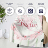 Cute Watercolor Roses Bouquet with Red Ribbon Sage Green Stripe  Personalised Custom Name Super Soft Fleece Blanket Bed Sofa Throw