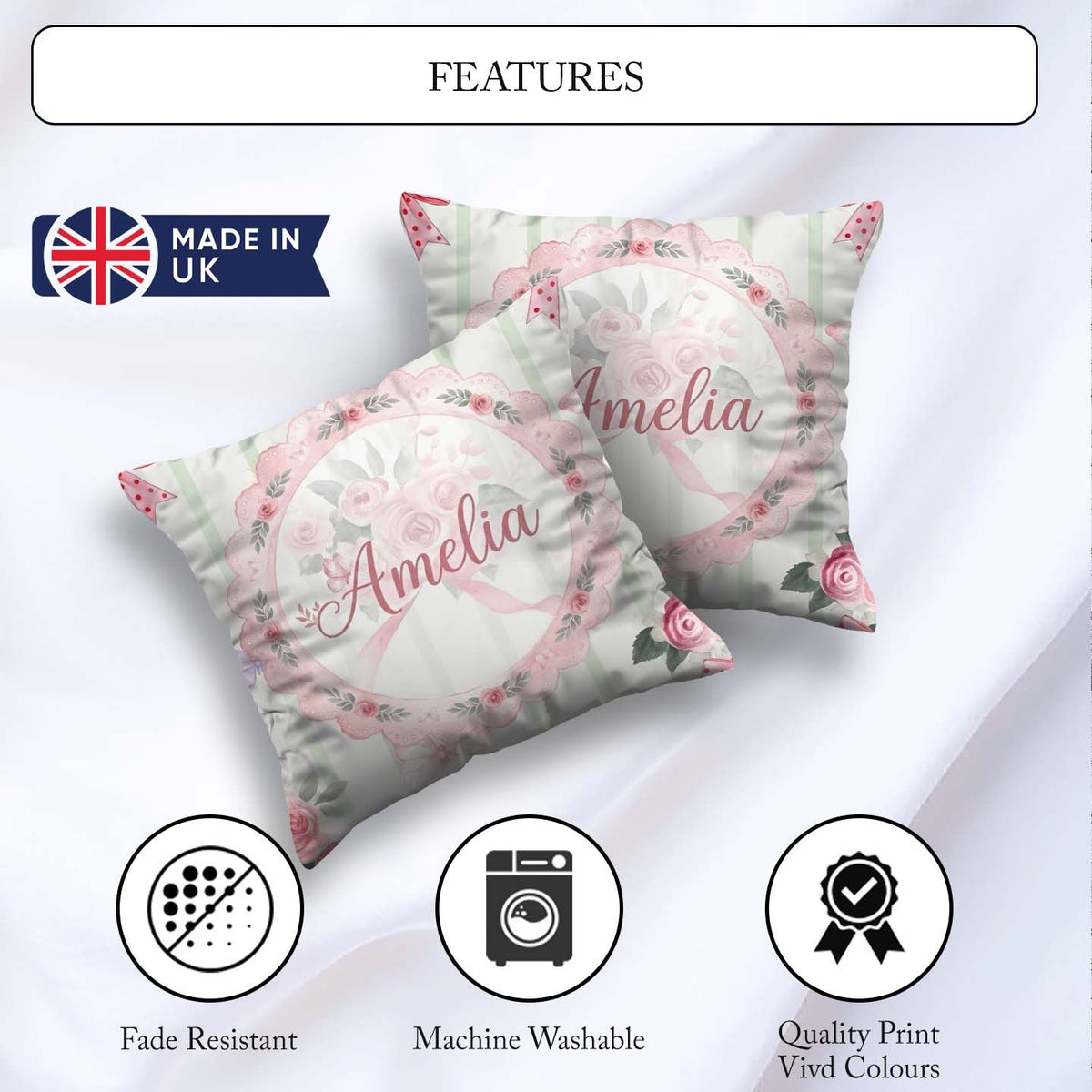 Custom Name Cute Roses Bouquet with Red Ribbon Sage Green Stripe Square Filled Cushion Throw Pillow Sofa Bed Home Decor Zip Washable UK Made