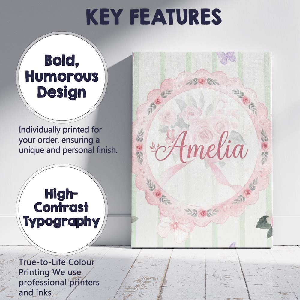 Personalised Name Cute Watercolor Roses Custom  Modern Room Accent Elegant Feature Canvas Wall Art Print Decor Picture Ready to Hang