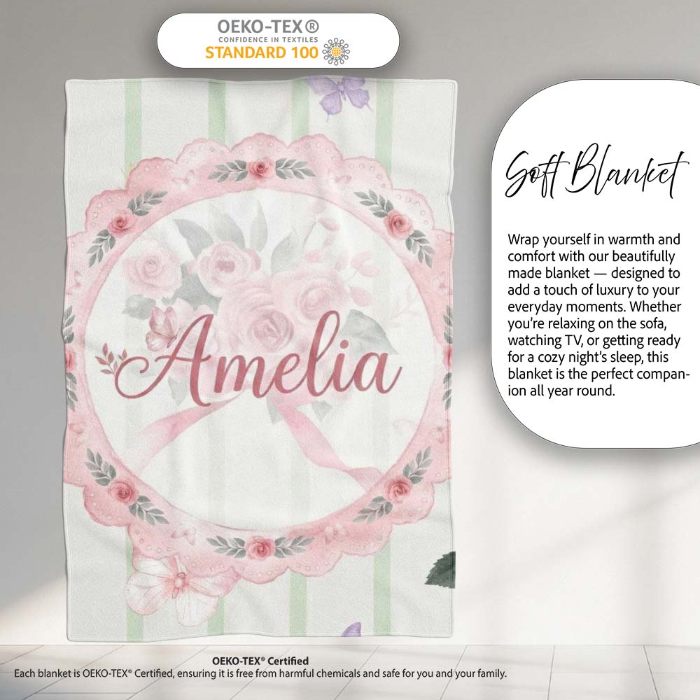 Cute Watercolor Roses Bouquet with Red Ribbon Sage Green Stripe  Personalised Custom Name Super Soft Fleece Blanket Bed Sofa Throw