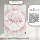 Cute Watercolor Roses Bouquet with Red Ribbon Sage Green Stripe  Personalised Custom Name Super Soft Fleece Blanket Bed Sofa Throw