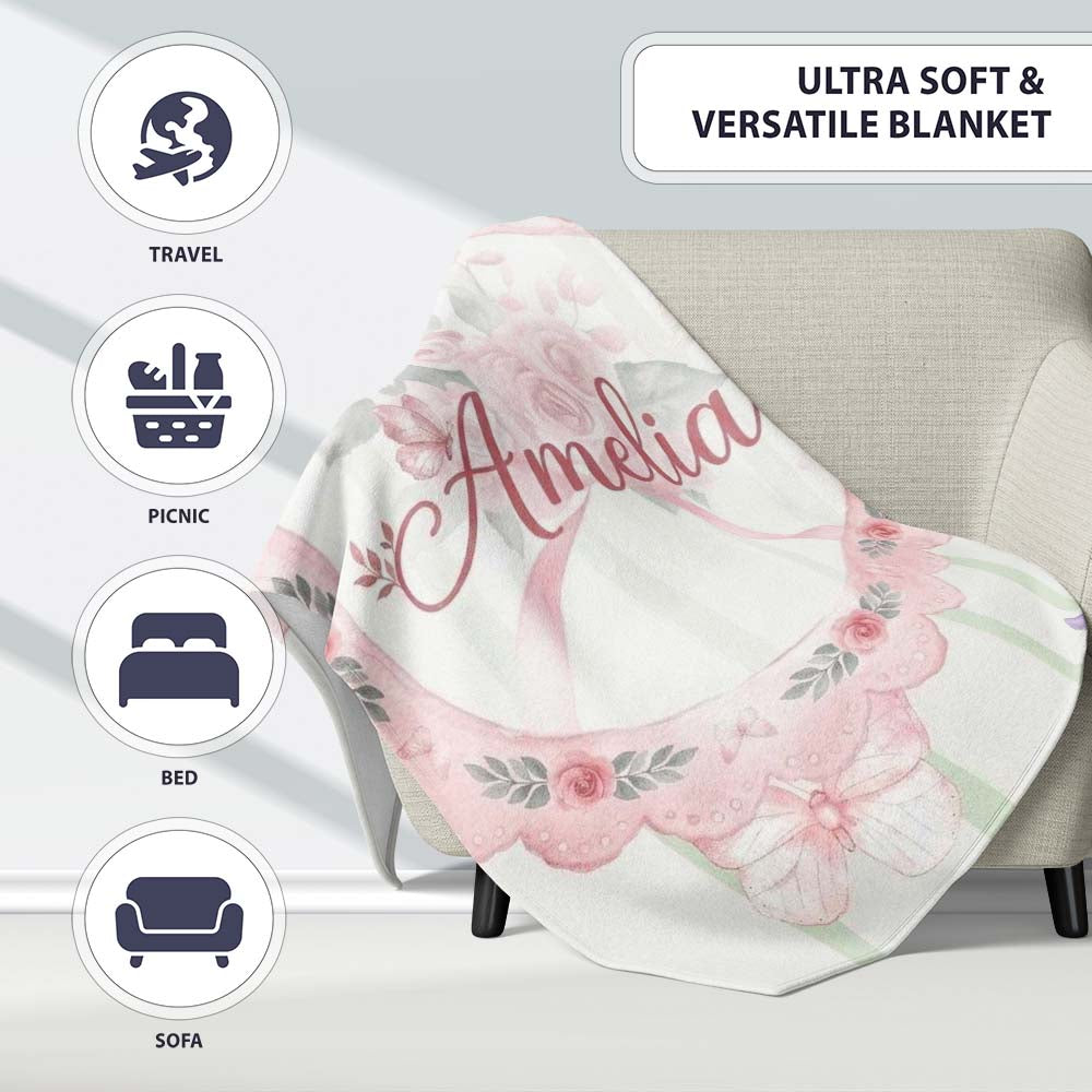 Cute Watercolor Roses Bouquet with Red Ribbon Sage Green Stripe  Personalised Custom Name Super Soft Fleece Blanket Bed Sofa Throw