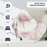 Cute Watercolor Roses Bouquet with Red Ribbon Sage Green Stripe  Personalised Custom Name Super Soft Fleece Blanket Bed Sofa Throw