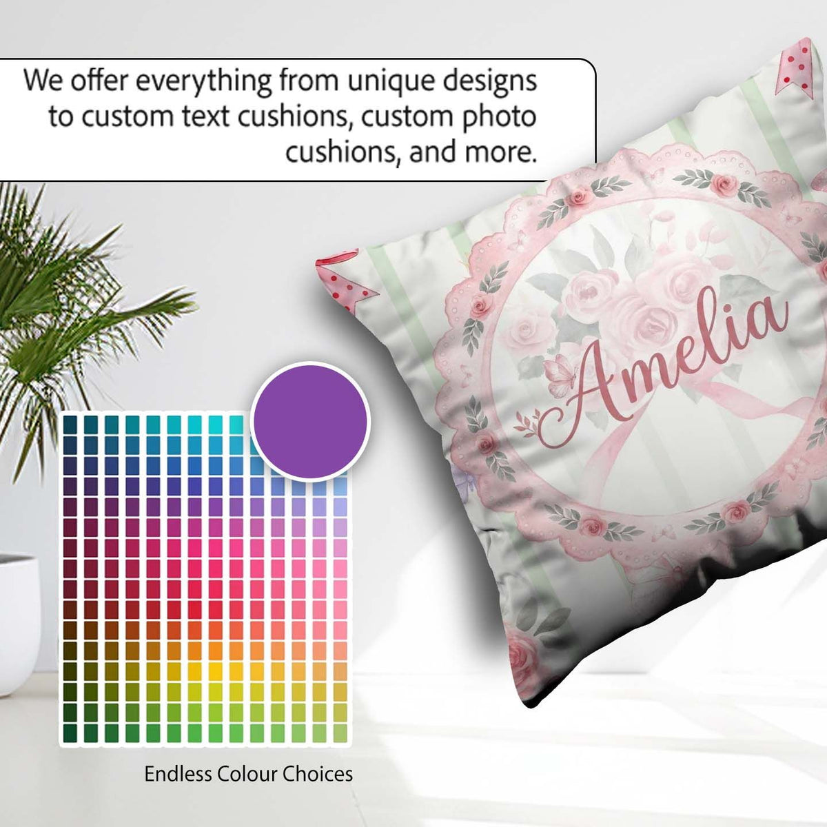 Custom Name Cute Roses Bouquet with Red Ribbon Sage Green Stripe Square Filled Cushion Throw Pillow Sofa Bed Home Decor Zip Washable UK Made