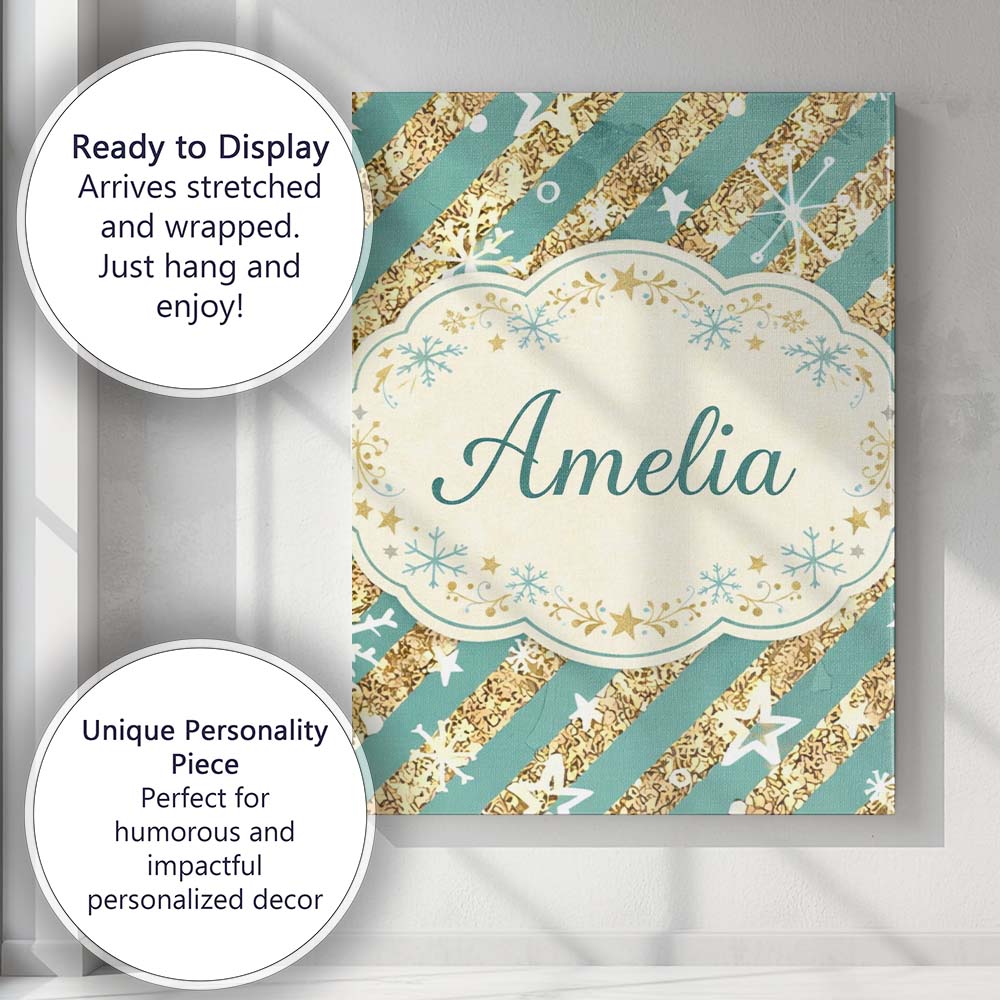 Personalised Name Gold Glitter Stripe Stars Snowflakes Festive Custom Modern Room Accent Canvas Wall Art Print Decor Picture Ready to Hang