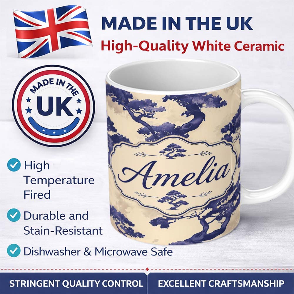 Personalized Custom Name Artistic Blue Bonsai Trees on Textured Beige Background Pattern 11oz Ceramic Coffee Tea Mug White Large Handle