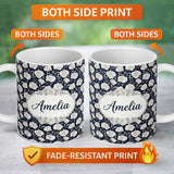 Personalized Custom Name Delicate White Roses on Pale Sage Green Background Seamless Pattern 11oz Ceramic Coffee Tea Mug White Large Handle