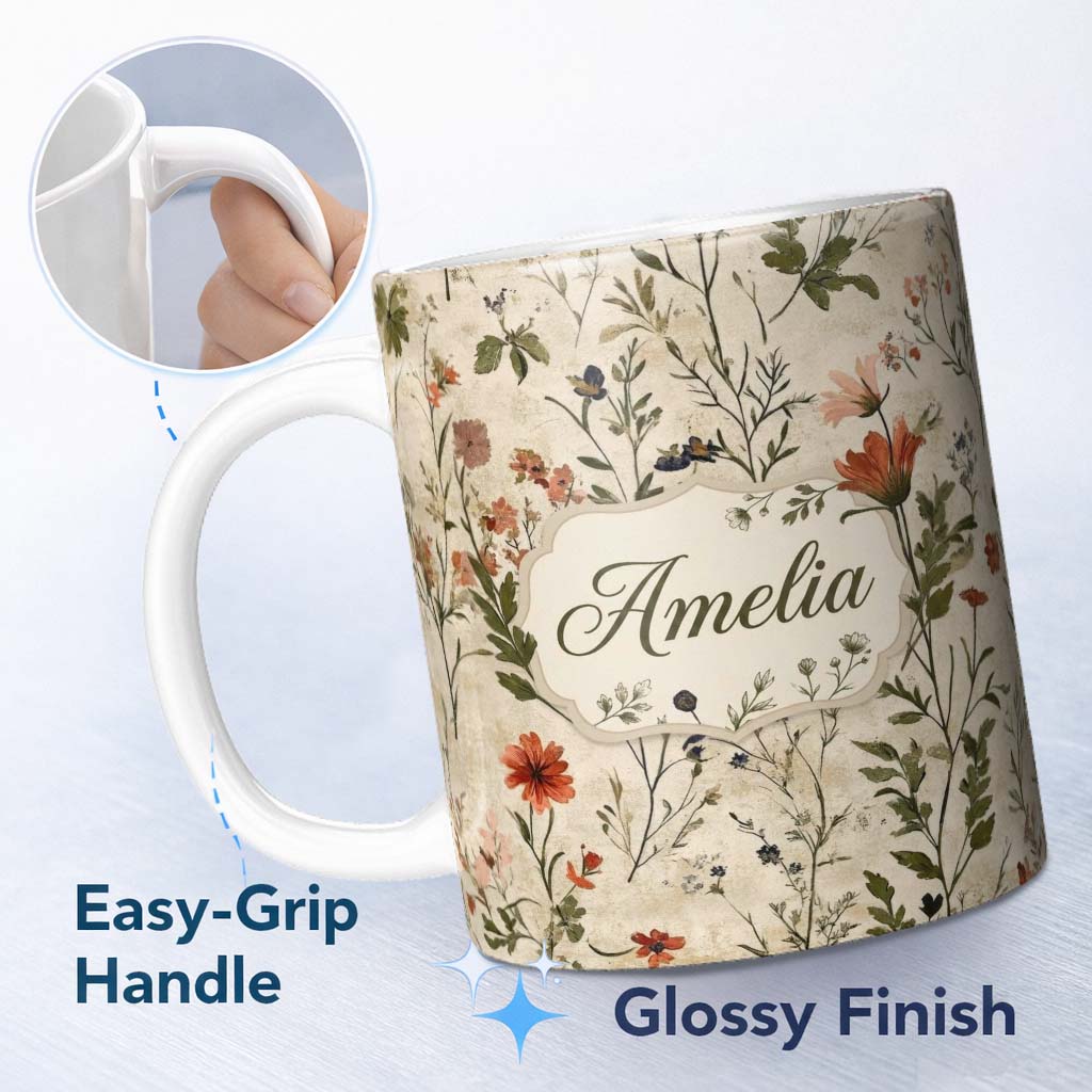 Personalized Custom Name Colorful Wildflower Meadow Botanical Seamless Pattern Lovely 11oz Ceramic Coffee Tea Mug White Large Handle