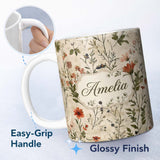 Personalized Custom Name Colorful Wildflower Meadow Botanical Seamless Pattern Lovely 11oz Ceramic Coffee Tea Mug White Large Handle