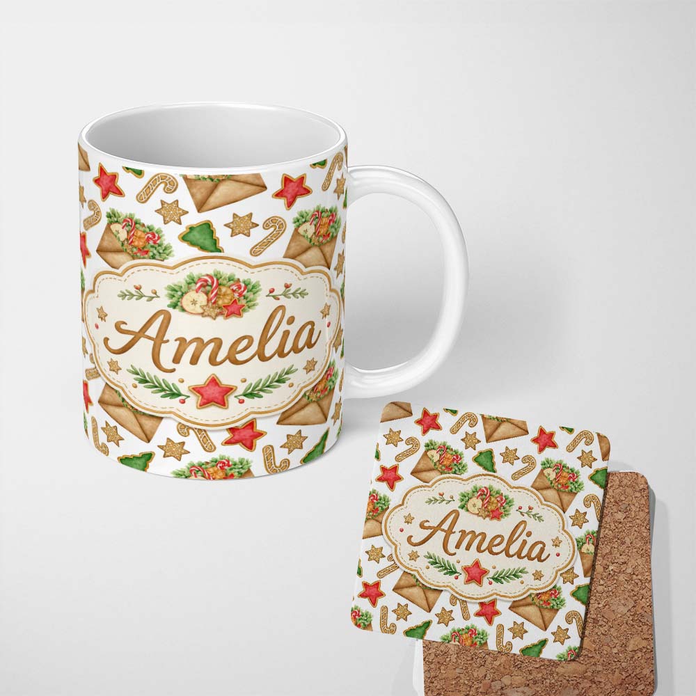 Personalized Custom Name Watercolor Christmas Cookies Candy Cane Festive Treats Seamless 11oz Ceramic Coffee Tea Mug White Large Handle
