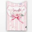 Cute Watercolor Roses Bouquet with Red Ribbon Blush Pink Stripe  Personalised Custom Name Super Soft Fleece Blanket Bed Sofa Throw