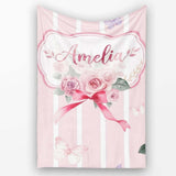 Cute Watercolor Roses Bouquet with Red Ribbon Blush Pink Stripe  Personalised Custom Name Super Soft Fleece Blanket Bed Sofa Throw