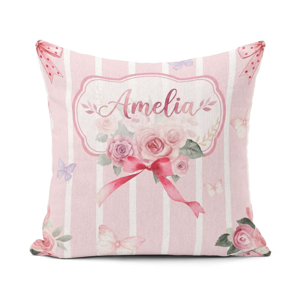 Custom Name Cute Roses Bouquet with Red Ribbon Blush Pink Stripe Square Filled Cushion Throw Pillow Sofa Bed Home Decor Zip Washable UK Made