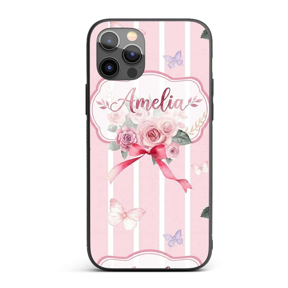 Cute Watercolor Roses Bouquet with Red Ribbon Custom Name Protective Phone Case Mobile Cover Durable Everyday Smartphone Shock Resistant