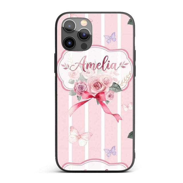 Cute Watercolor Roses Bouquet with Red Ribbon Custom Name Protective Phone Case Mobile Cover Durable Everyday Smartphone Shock Resistant