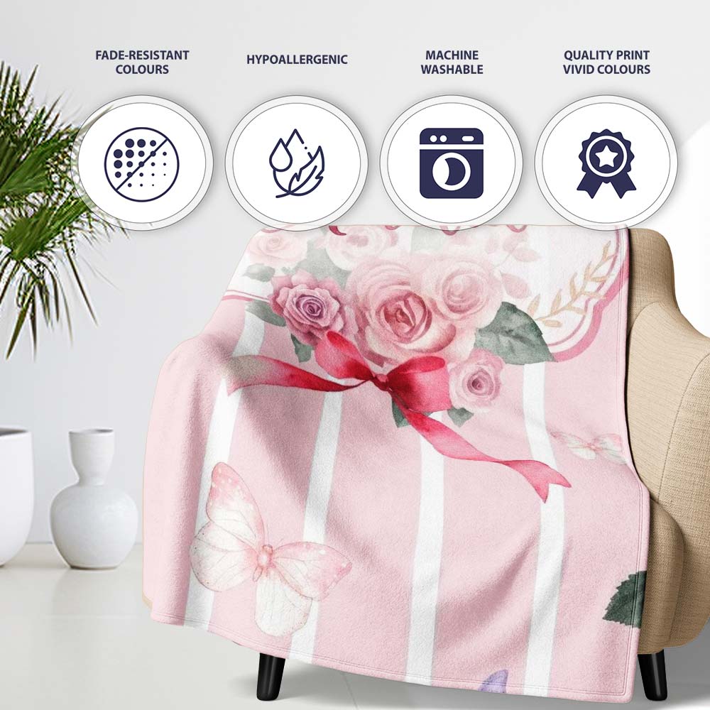 Cute Watercolor Roses Bouquet with Red Ribbon Blush Pink Stripe  Personalised Custom Name Super Soft Fleece Blanket Bed Sofa Throw