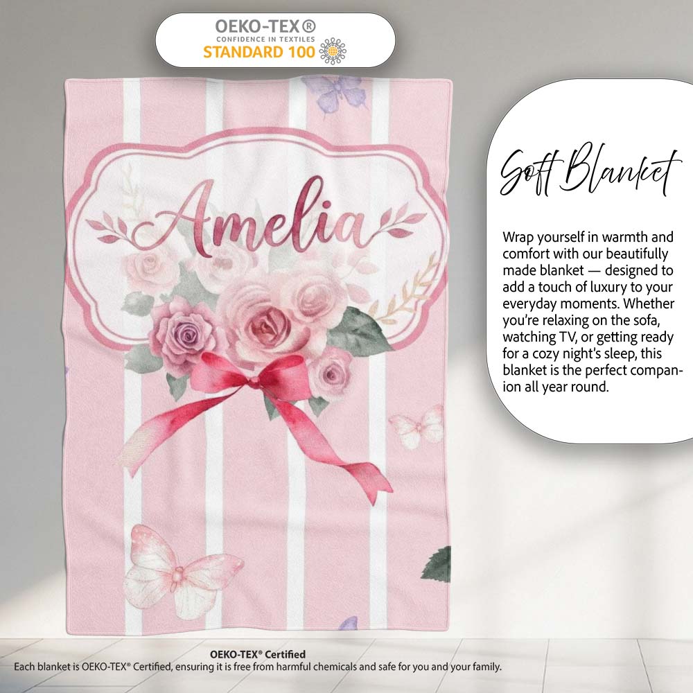 Cute Watercolor Roses Bouquet with Red Ribbon Blush Pink Stripe  Personalised Custom Name Super Soft Fleece Blanket Bed Sofa Throw