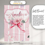 Cute Watercolor Roses Bouquet with Red Ribbon Blush Pink Stripe  Personalised Custom Name Super Soft Fleece Blanket Bed Sofa Throw