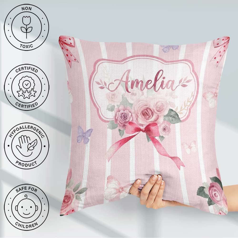 Custom Name Cute Roses Bouquet with Red Ribbon Blush Pink Stripe Square Filled Cushion Throw Pillow Sofa Bed Home Decor Zip Washable UK Made