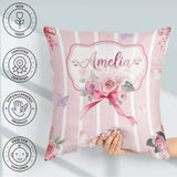 Custom Name Cute Roses Bouquet with Red Ribbon Blush Pink Stripe Square Filled Cushion Throw Pillow Sofa Bed Home Decor Zip Washable UK Made