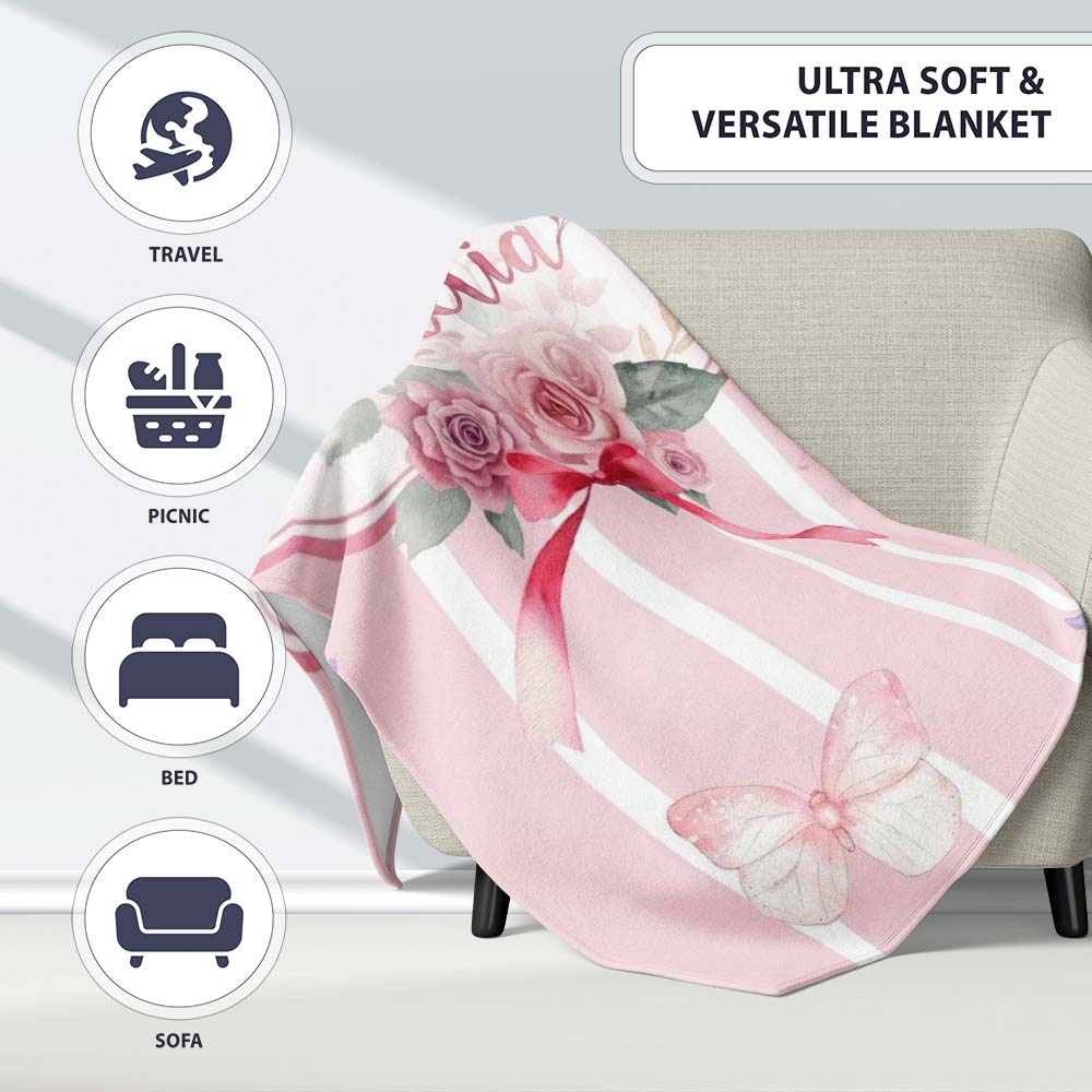 Cute Watercolor Roses Bouquet with Red Ribbon Blush Pink Stripe  Personalised Custom Name Super Soft Fleece Blanket Bed Sofa Throw