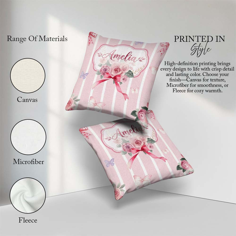 Custom Name Cute Roses Bouquet with Red Ribbon Blush Pink Stripe Square Filled Cushion Throw Pillow Sofa Bed Home Decor Zip Washable UK Made