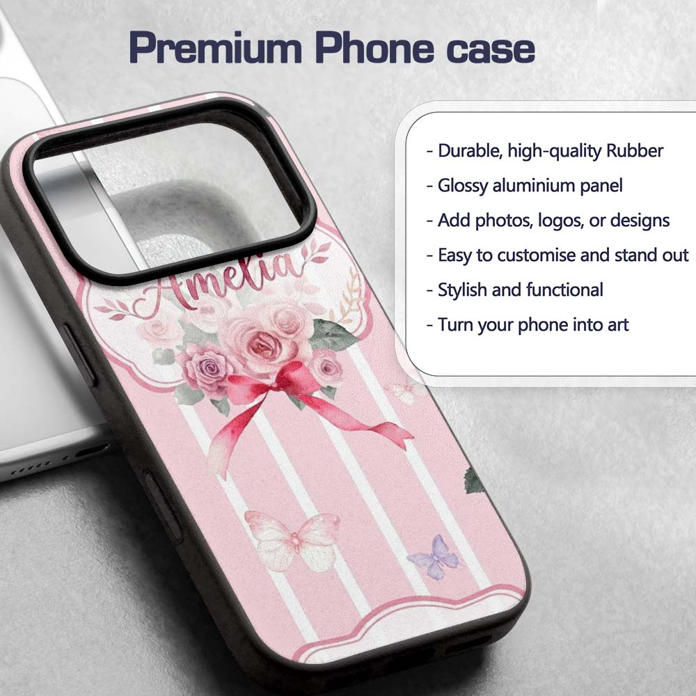 Cute Watercolor Roses Bouquet with Red Ribbon Custom Name Protective Phone Case Mobile Cover Durable Everyday Smartphone Shock Resistant