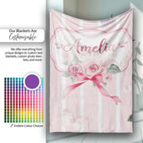 Cute Watercolor Roses Bouquet with Red Ribbon Blush Pink Stripe  Personalised Custom Name Super Soft Fleece Blanket Bed Sofa Throw