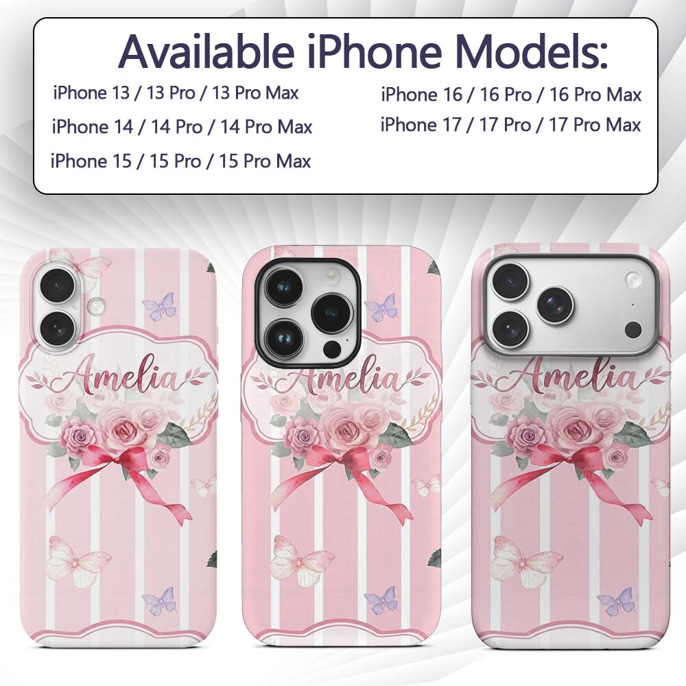Cute Watercolor Roses Bouquet with Red Ribbon Custom Name Protective Phone Case Mobile Cover Durable Everyday Smartphone Shock Resistant
