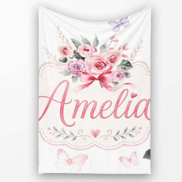 Cute Watercolor Roses Bouquet with Red Ribbon Light Grey Background  Personalised Custom Name Super Soft Fleece Blanket Bed Sofa Throw