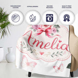 Cute Watercolor Roses Bouquet with Red Ribbon Light Grey Background  Personalised Custom Name Super Soft Fleece Blanket Bed Sofa Throw
