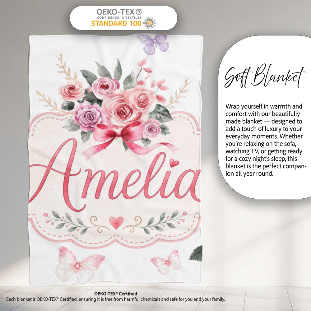 Cute Watercolor Roses Bouquet with Red Ribbon Light Grey Background  Personalised Custom Name Super Soft Fleece Blanket Bed Sofa Throw