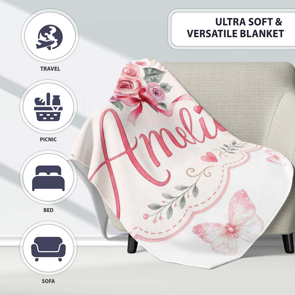 Cute Watercolor Roses Bouquet with Red Ribbon Light Grey Background  Personalised Custom Name Super Soft Fleece Blanket Bed Sofa Throw