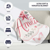 Cute Watercolor Roses Bouquet with Red Ribbon Light Grey Background  Personalised Custom Name Super Soft Fleece Blanket Bed Sofa Throw