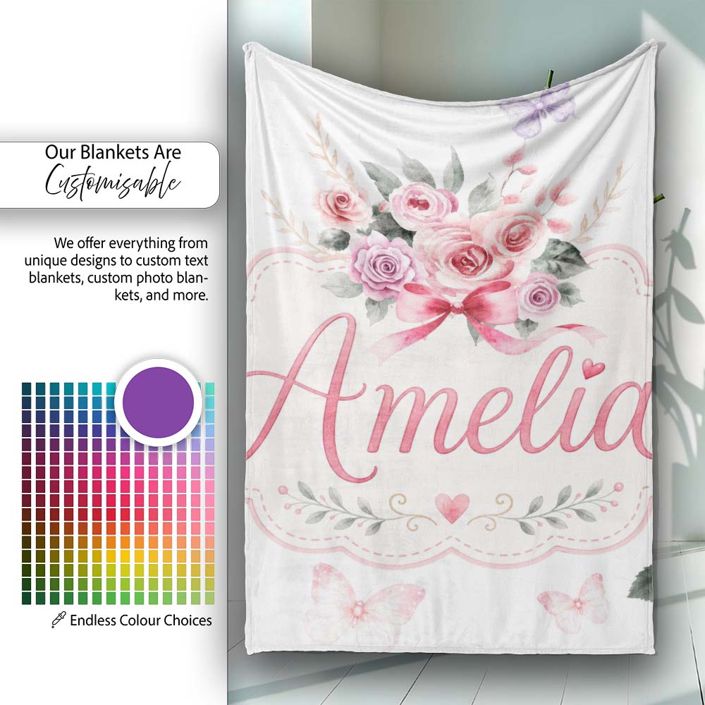 Cute Watercolor Roses Bouquet with Red Ribbon Light Grey Background  Personalised Custom Name Super Soft Fleece Blanket Bed Sofa Throw
