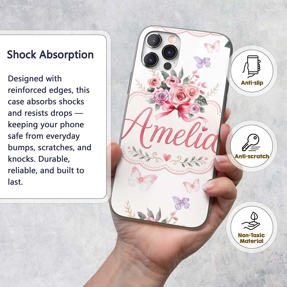 Cute Watercolor Roses Bouquet with Red Ribbon Custom Name Protective Phone Case Mobile Cover Durable Everyday Smartphone Shock Resistant